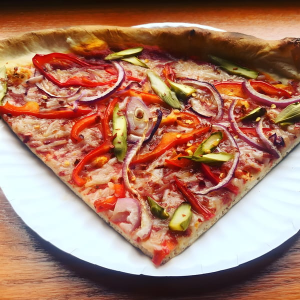 A slice of All Star Pizza Bar pizza with red peppers, red onions, and green peppers.